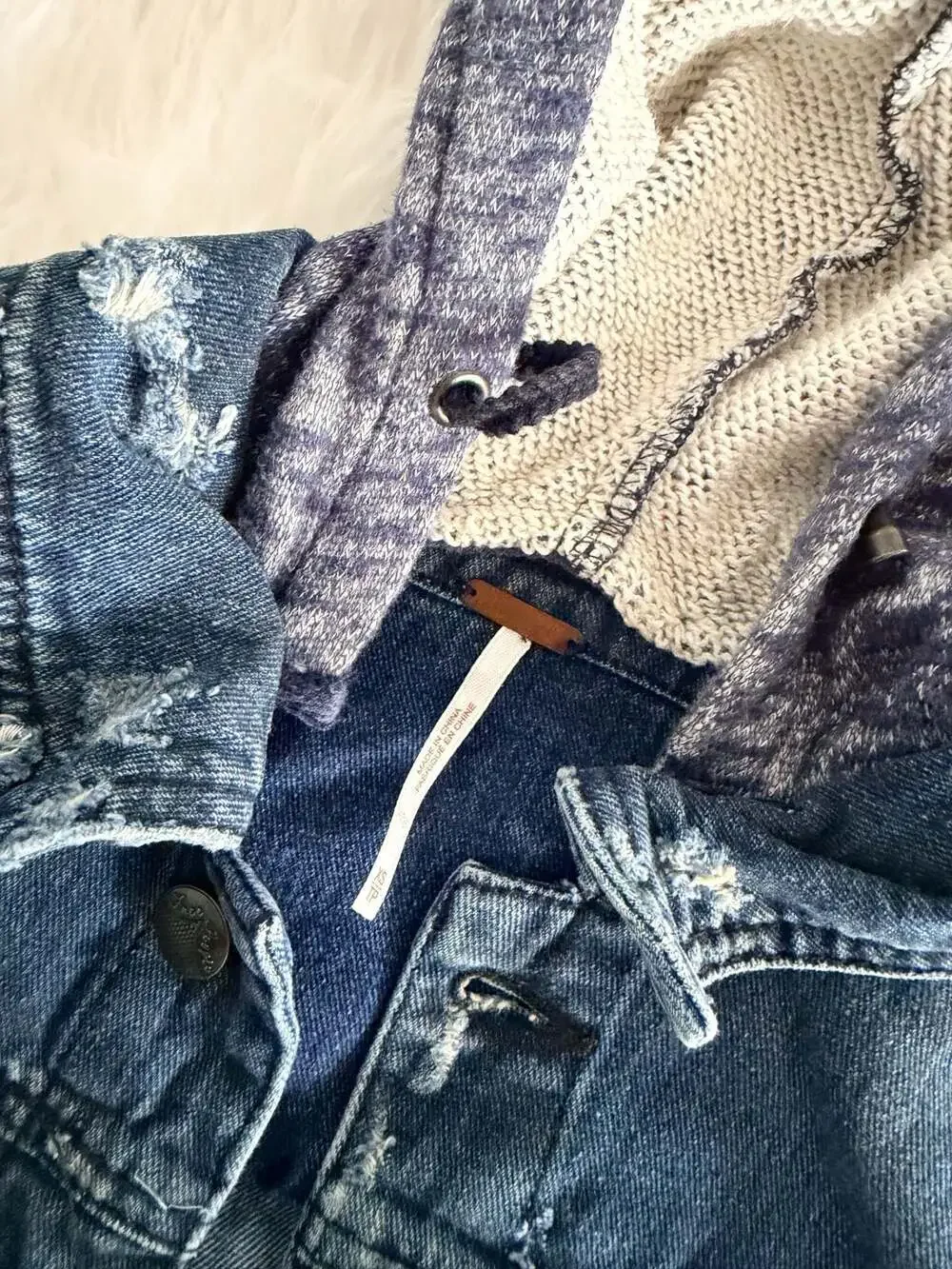 Free People Knit Hooded Distressed Denim Jacket Size XS - Picture 2 of 2